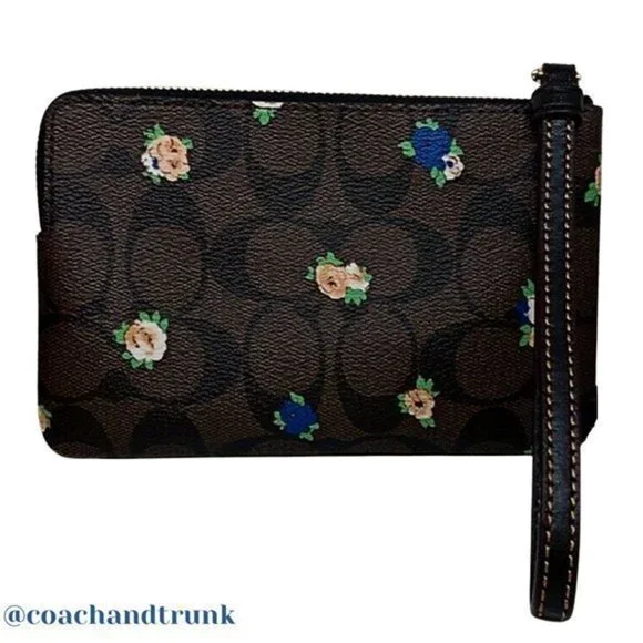 COACH Wristlet Dark Brown Classic C with Vintage Mini Rose Print Gold Accents - Picture 2 of 8